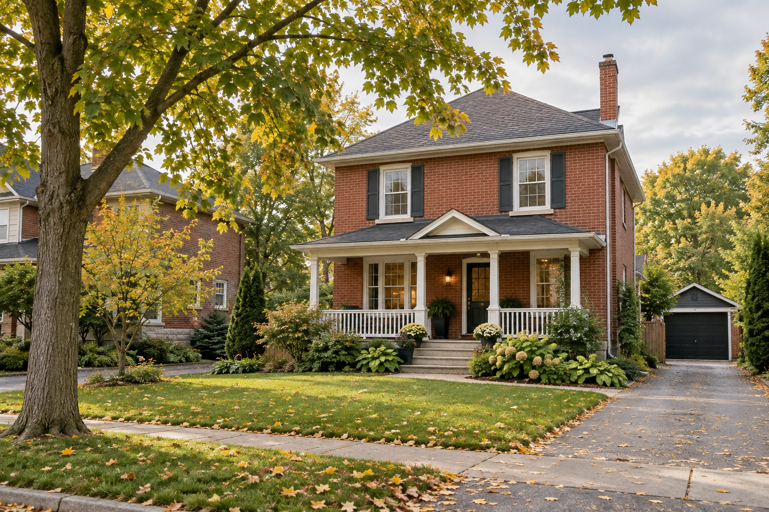 Illustration of a red-brick home on a leafy Ontario-style street